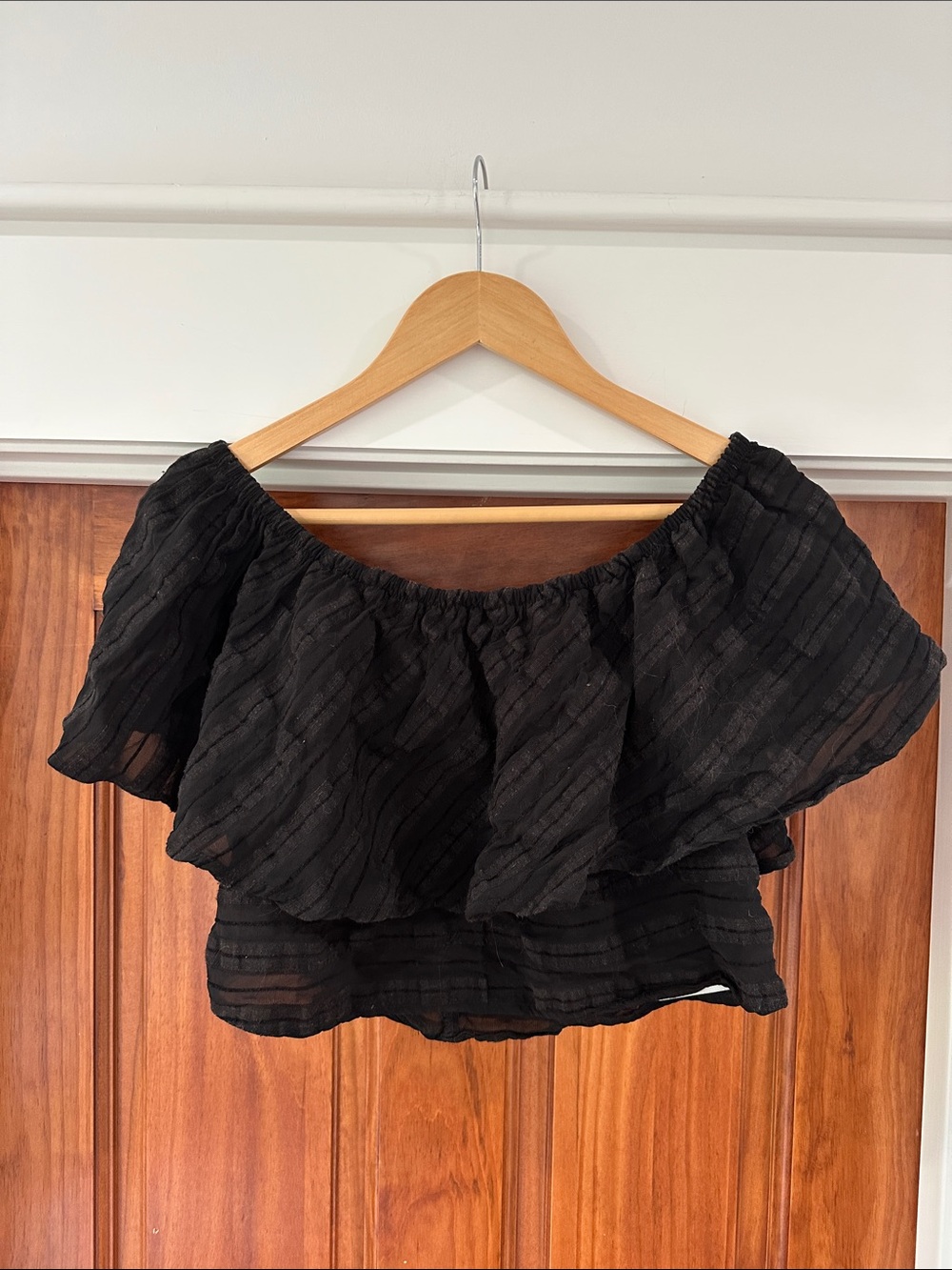 Reformation Black Off-Shoulder Ruffle Crop Top